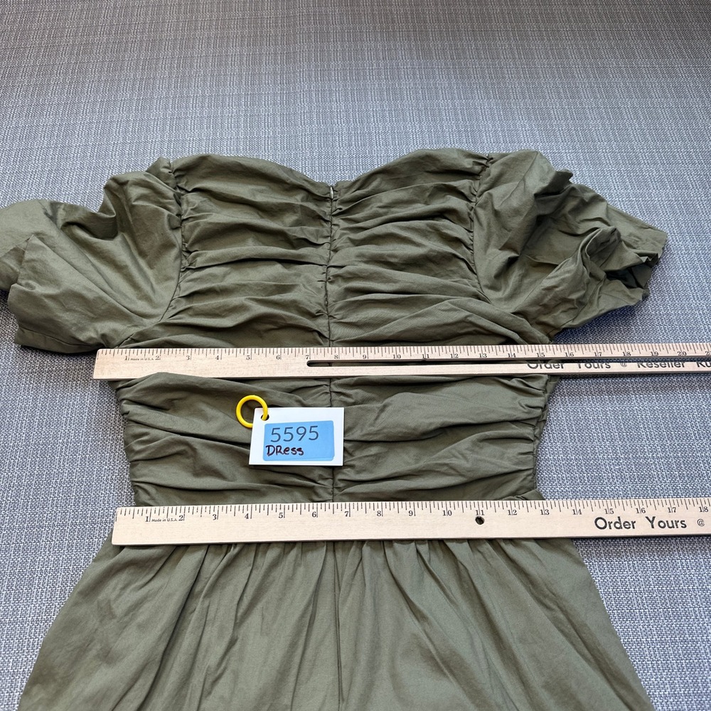 Olive Green Tiered Maxi Dress Small Cottagecore Prairie Boho Puff Sleeve Deep V - Picture 10 of 12